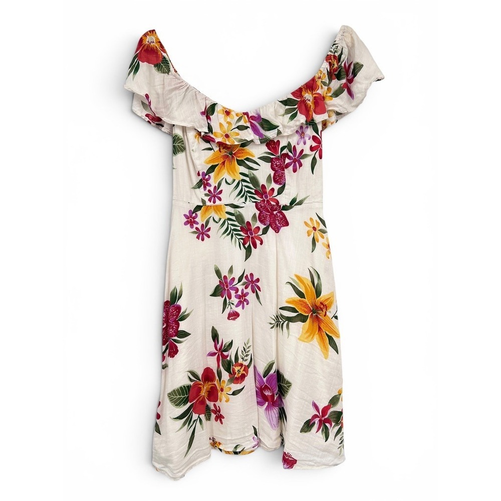 Old Navy Women XS White Floral Linen Blend Off Shoulder Ruffle Mini Dress Cami‎